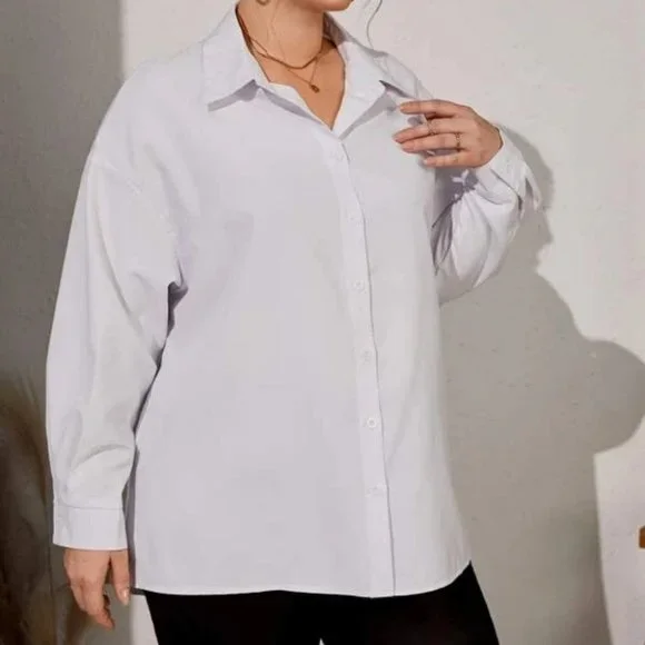 White Button up Boyfriend Collar Open split back shirt blouse - Picture 3 of 10